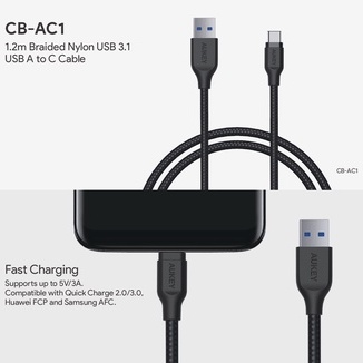 Cáp sạc nhanh AUKEY CB-AC1 3A QC3.0 Dây sạc type C 1.2m cho Samsung Xiaomi MacBook Nintendo Switch Android