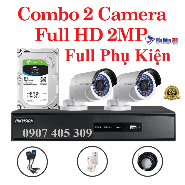 Trọn bộ 2 Camera 2MP DS-2CE16D0T-IR + Đầu ghi hình Hikvision, có sẵn phụ kiện, cắm điện là chạy
