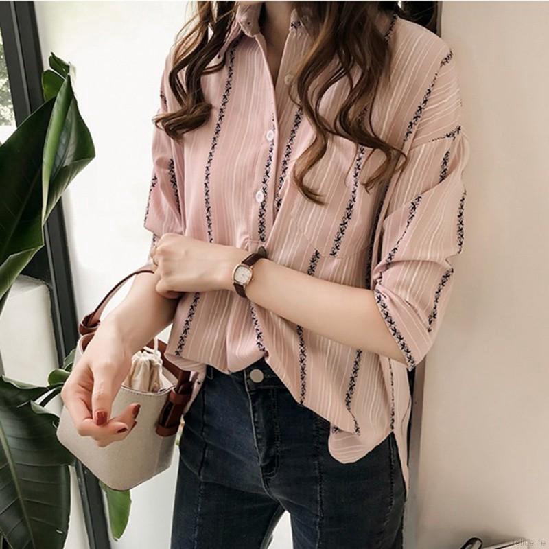Áo Kiểu Tay Lỡ Cổ Bẻ Hoạ Tiết Kẻ Sọc Thiết Kế Thanh Lịch Cho Phái Nữ