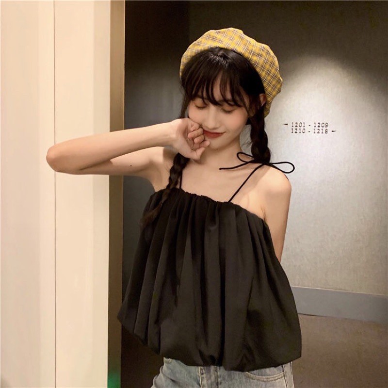 Áo sơ mi voan mùa hè mới kiểu dáng Hàn Quốc quây lưng cổ ngắn ngang rốn áo thun nữ không tay