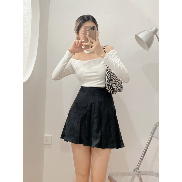 Áo Kiểu trễ vai tay dài tặng kèm choker đeo cổ với 2 màu trắng,đen basic form chuẩn tôn dáng ôm body