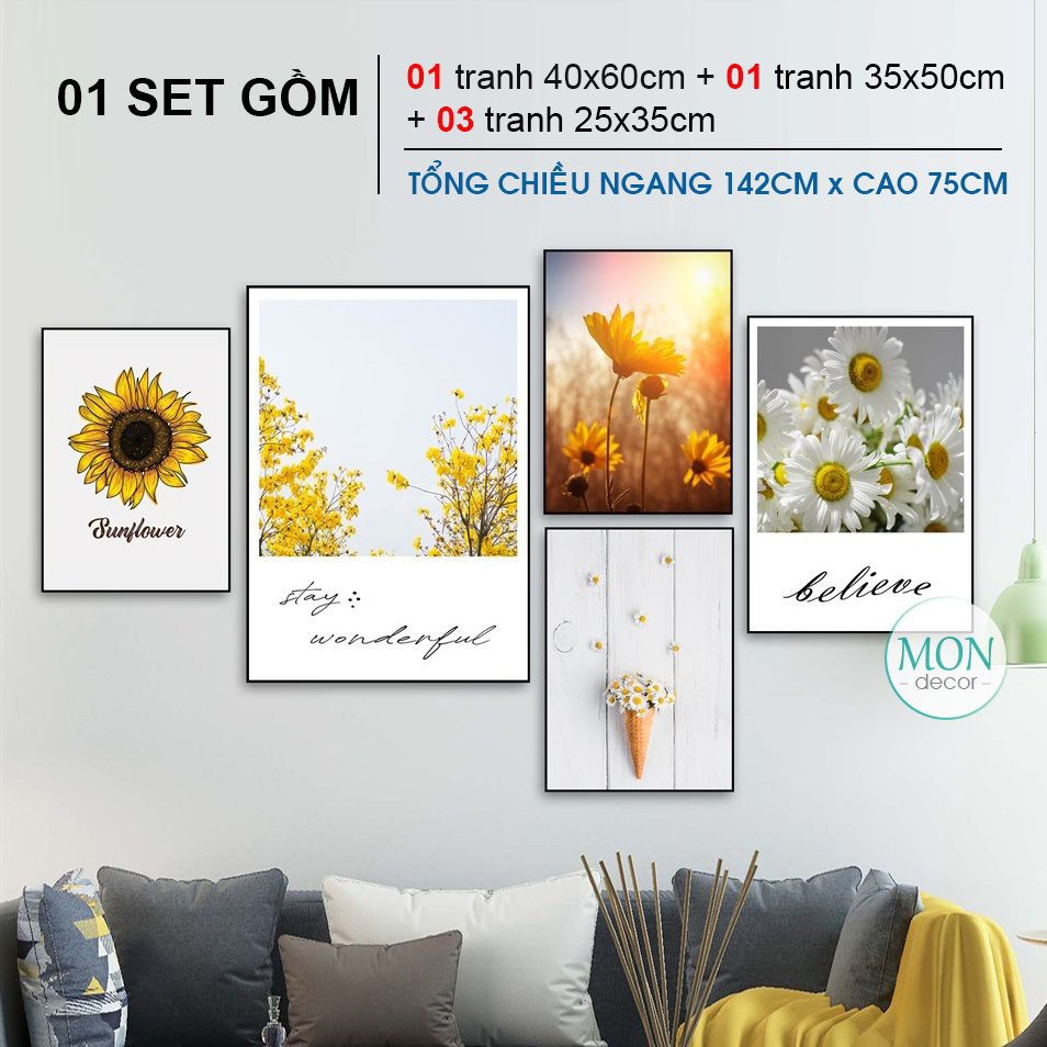 Tranh treo tường, tranh treo phòng khách Mon'decor 5 bức phong cách hiện đại vải canvas loại 1 khung đẹp