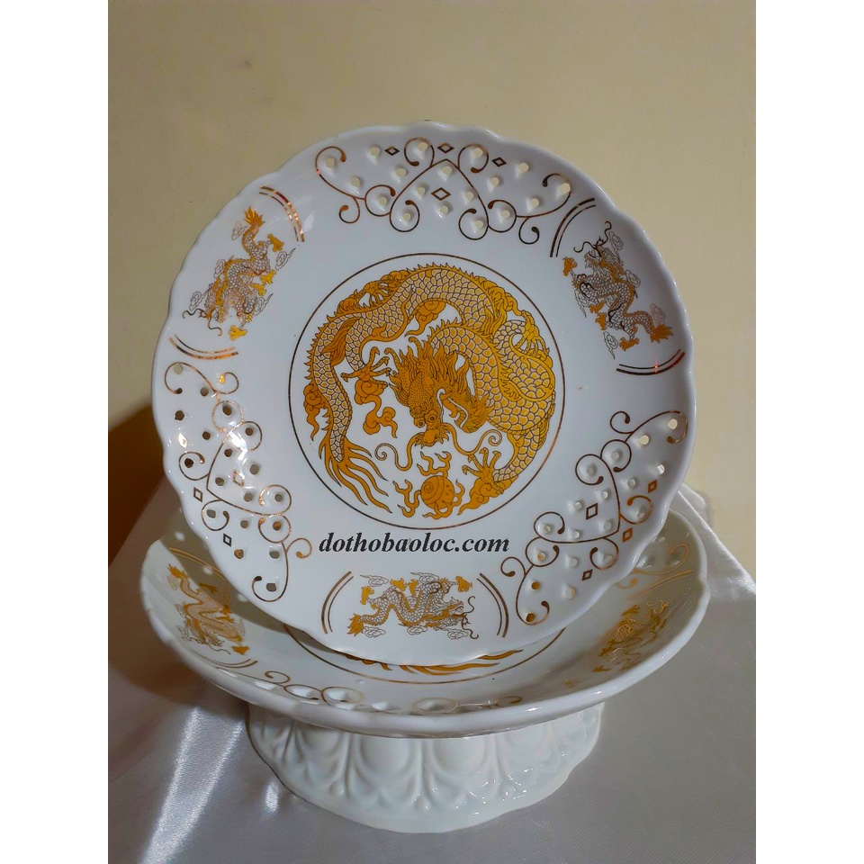Bộ Đồ Thờ Cúng - Set Đồ Thờ Phụng Sứ Trắng hình rồng  Vàng In Nổi Cao Cấp