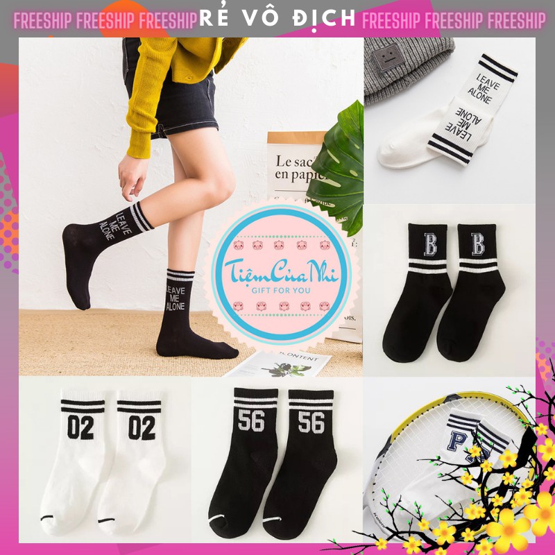 Vớ Tất cổ cao trơn nam nữ cotton đen trắng in hình chữ leave me alone, số trên cổ vớ phong cách Hàn Quốc Tiệm Của Nhi