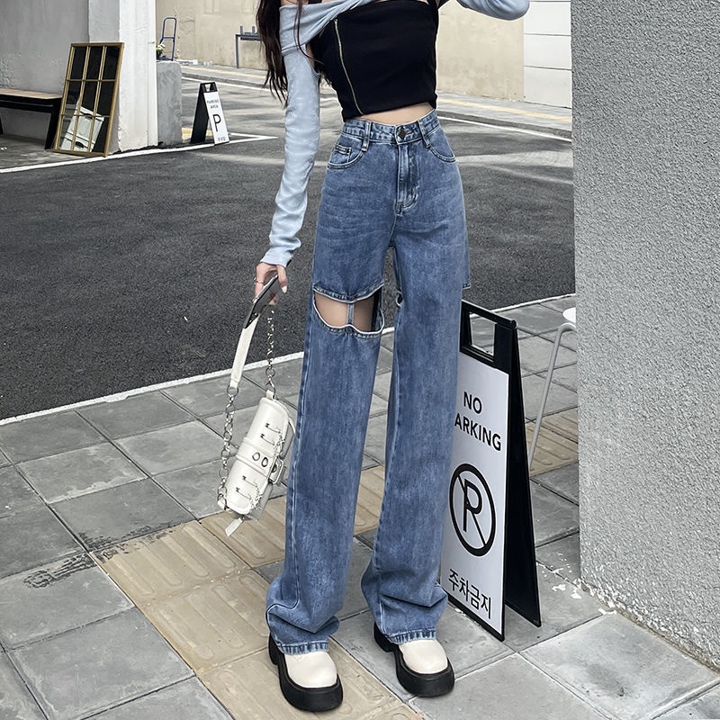 Phong cách mới!F &amp; X Quần Jeans Rách Ống Rộng Lưng Cao Thời Trang Mùa Hè Cho Nữ 2022