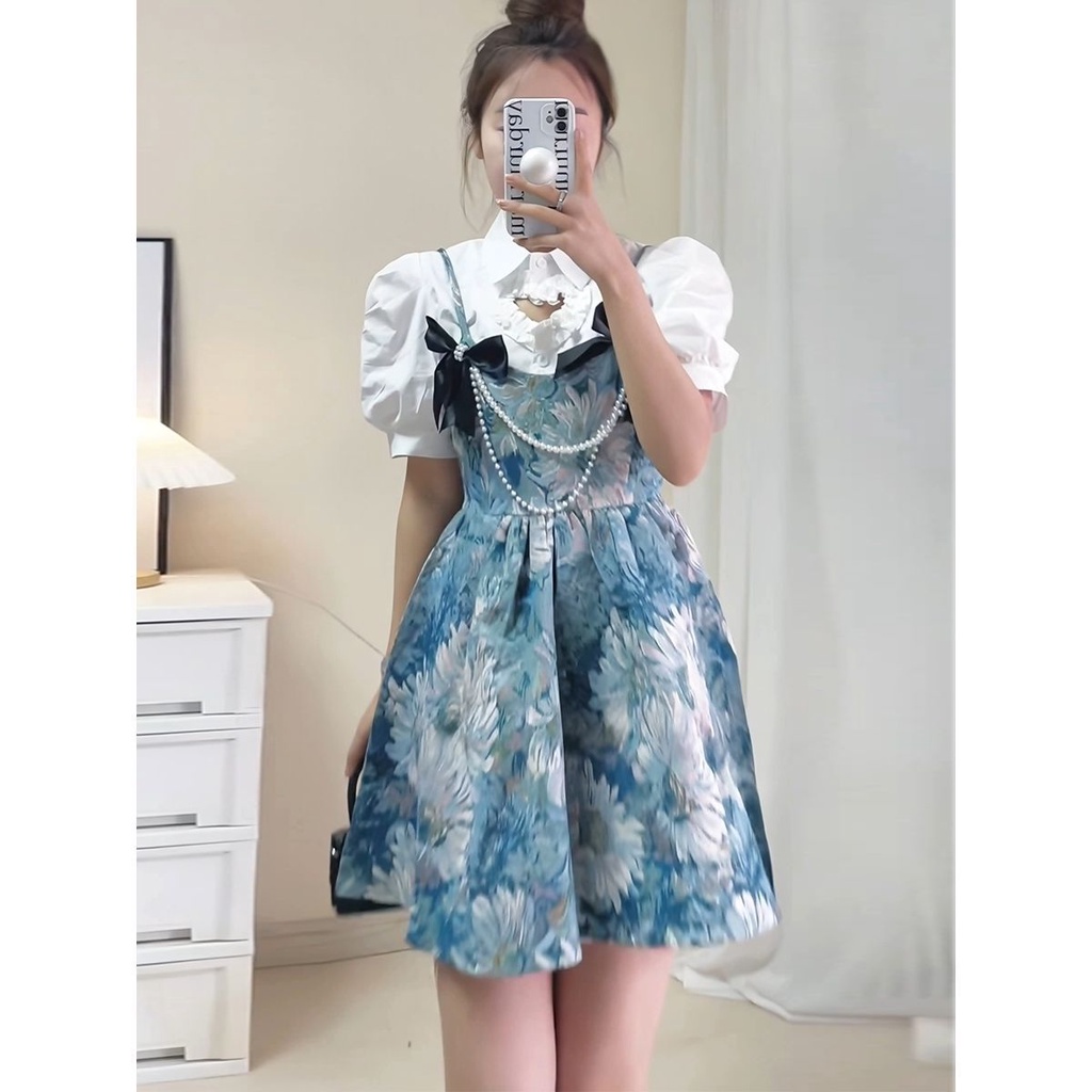 Set Đầm Nữ Dài Tay Cổ Tròn + Áo Sơ Mi Dài Tay Cổ Bẻ Thời Trang Nữ