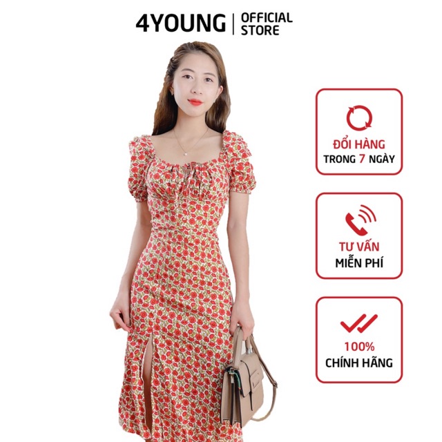 Đầm dự tiệc nữ họa tiết hoa xẻ tà kiểu sườn xám 4YOUNG FASHION V66