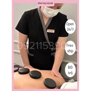 Đồng phục spa màu đen viền xám