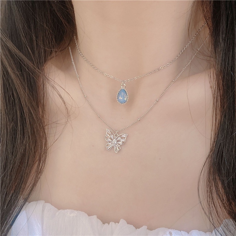 Dây chuyền 19A1074 đính đá zircon hình giọt nước màu xanh dương / mặt bướm phong cách cổ điển Hàn Quốc
