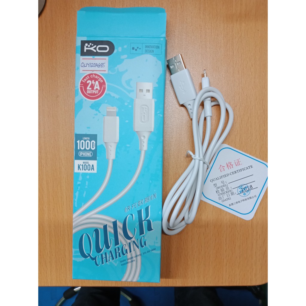 Cáp Lightning KO TPE_PC K100A 1000mm_2A_Sạc Nhanh_IP5-IPXS Max (Trắng)_QLM320 [18x10x3]