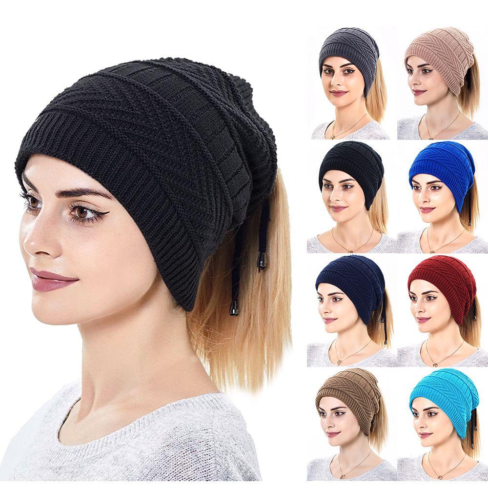Maxg Mũ Beanie Dệt Kim Lót Lông Cừu Mềm Mại Giữ Ấm Cổ Đuôi Ngựa Chạy Bộ Thể Thao Mùa Đông
