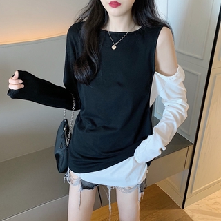 Áo Thun Tay Dài Giả Hai Lớp Màu Trắng Đen Thời Trang Mùa Hè Cho Nữ