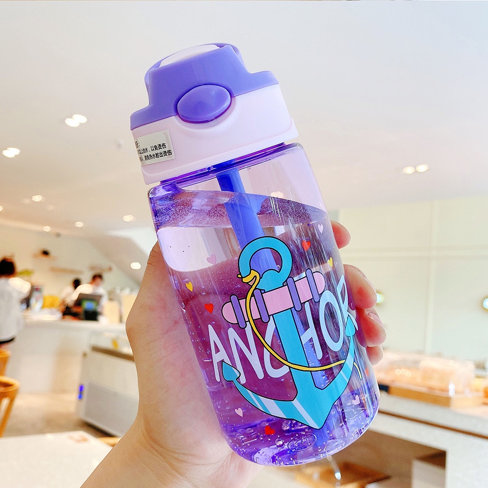 Bình Nước Thể Thao 480ml In Họa Tiết Hoạt Hình Kèm Ống Hút Tiện Dụng Cho Bé