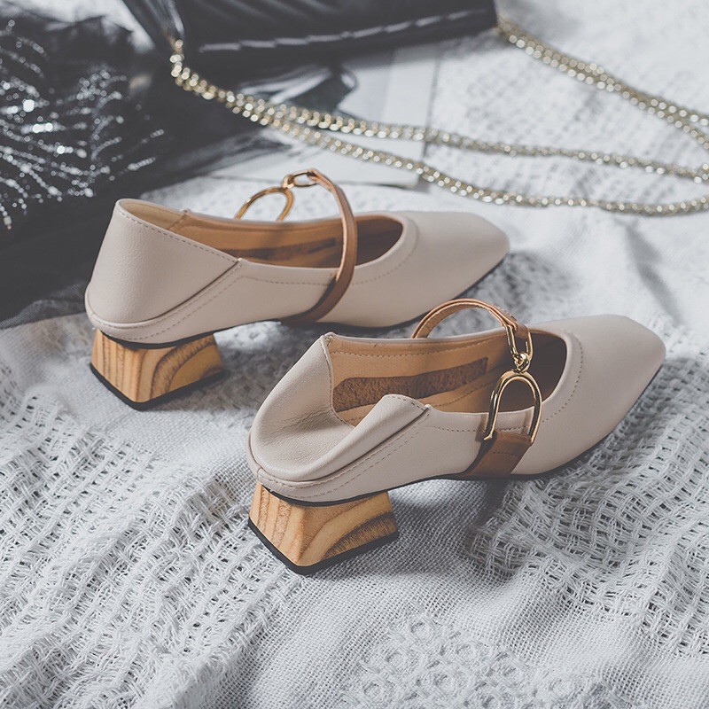 Giày Cao Gót Vintage Nữ Da Mũi Vuông 4 Phân Trang Trí Vân Gỗ Công Sở