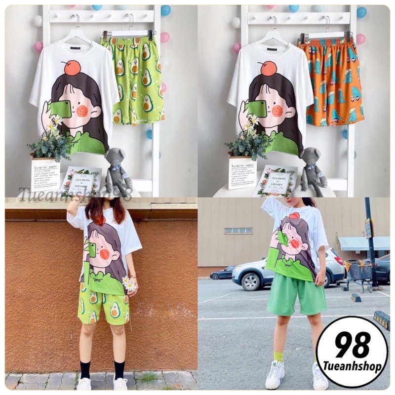 Set bộ đùi Cô gái chụp hình cartoon hoạt hình áo 3D + Quần đùi - Set bộ quần áo nữ Unisex Freesize 38-70kg