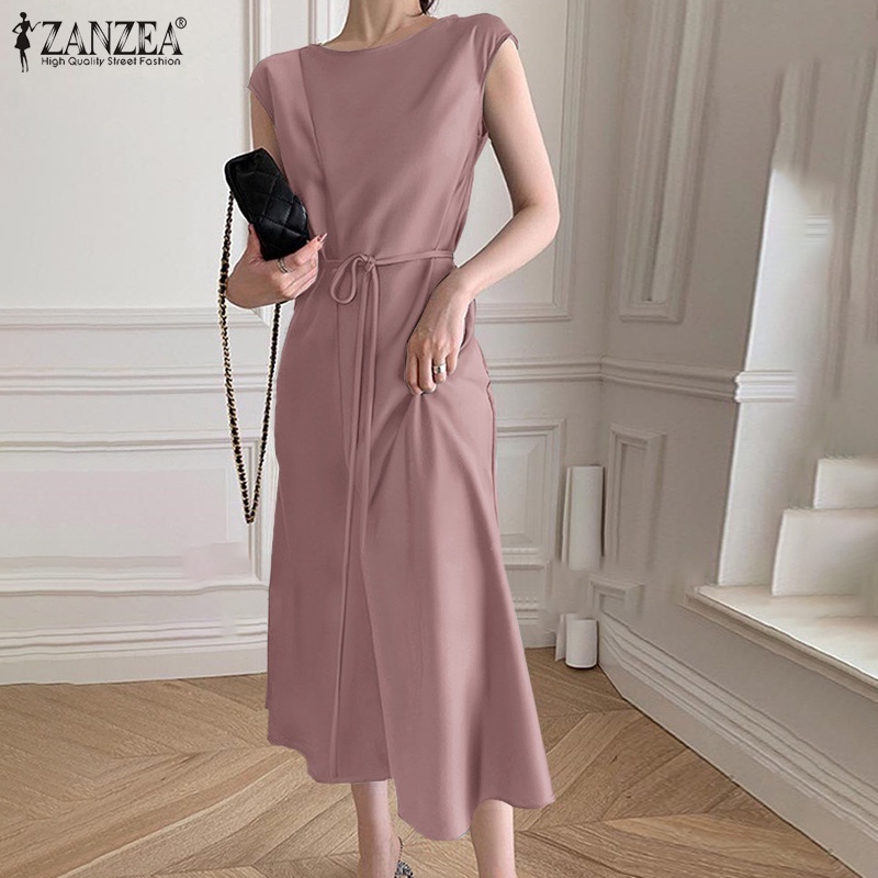 Đầm dài ZANZEA cổ tròn không tay màu trơn thắt lưng thắt nơ thời trang