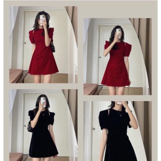 Đầm váy nhung đỏ tay bồng xẻ vai tiểu thư Vaynhungcutout | BigBuy360 - bigbuy360.vn