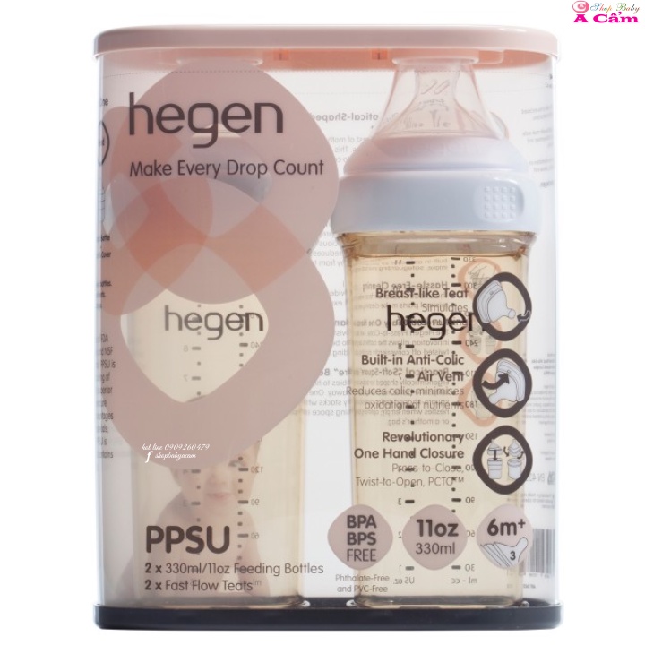COMBO Bình sữa Hegen PPSU 330ml-SET 2 CÁI-có núm ti dành cho bé trên 6 tháng tuổi