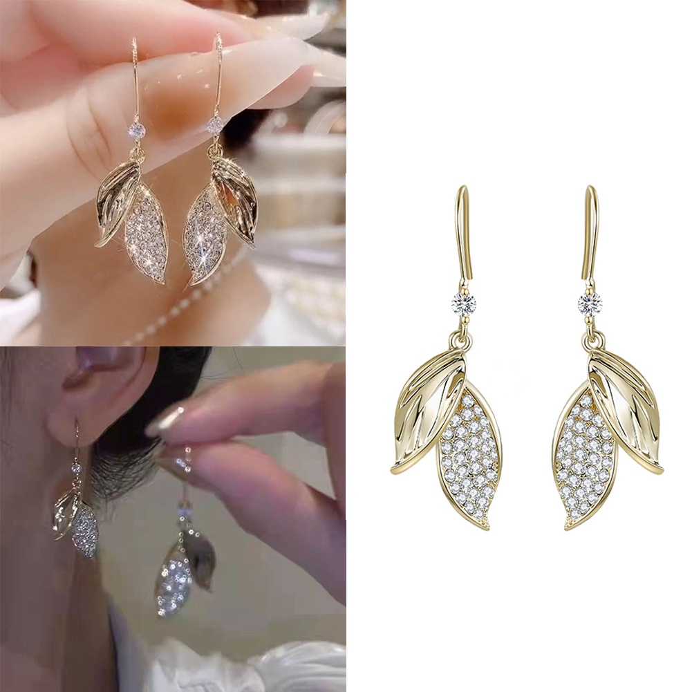 Khuyên Tai Hình Lá Đính Đá Thời Trang Thanh Lịch Dành Cho Nữ