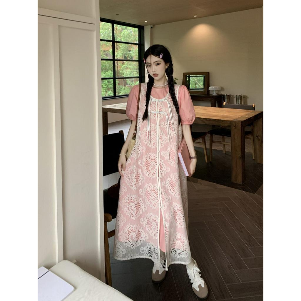 63363 Đầm Sơ Mi Tay Phồng Phong Cách Mới Với Áo Vest Ren Móc