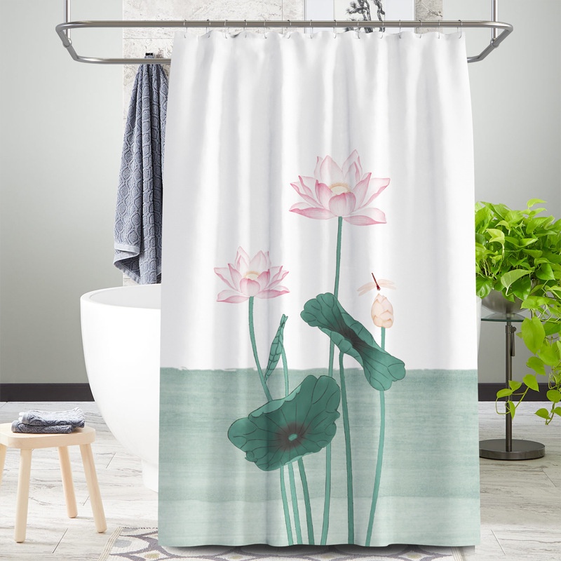 Rèm nhà tắm vải polyester dày dặn in hình hoa sen chống nước