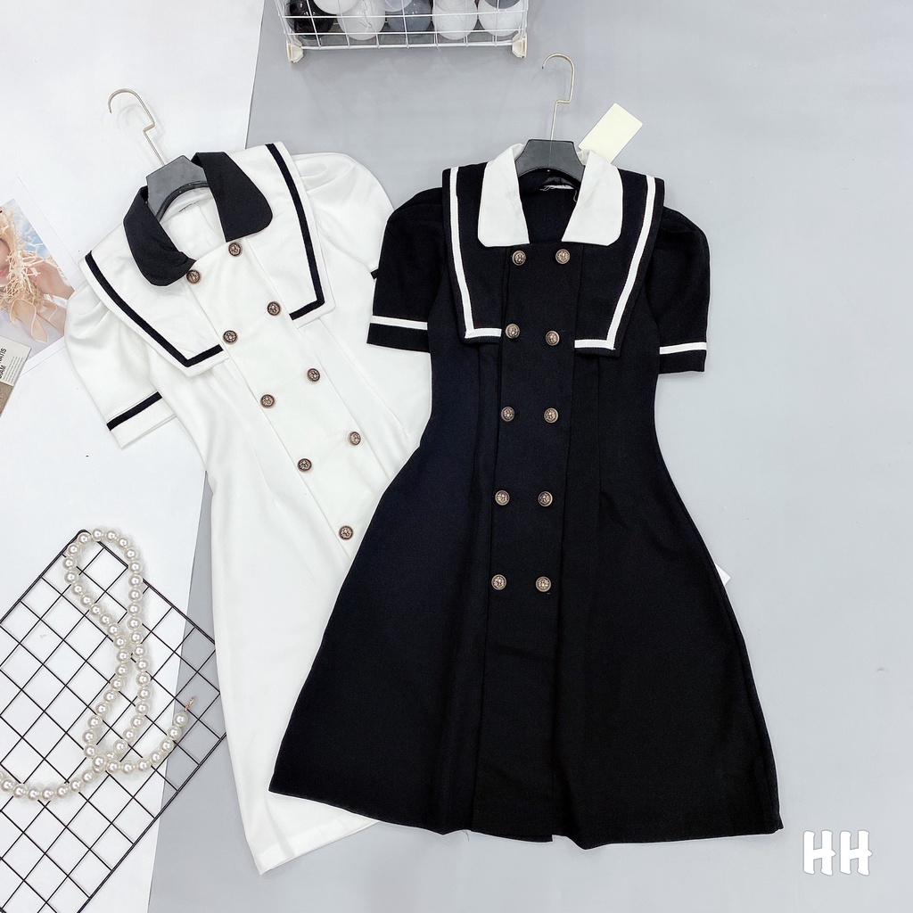 Hàng Order🌸Váy Đầm Dệt Kim Cổ Sơ Mi phối Màu Trắng Đen Trẻ Trung Nữ Tính🌸Hàng Quảng Châu | BigBuy360 - bigbuy360.vn