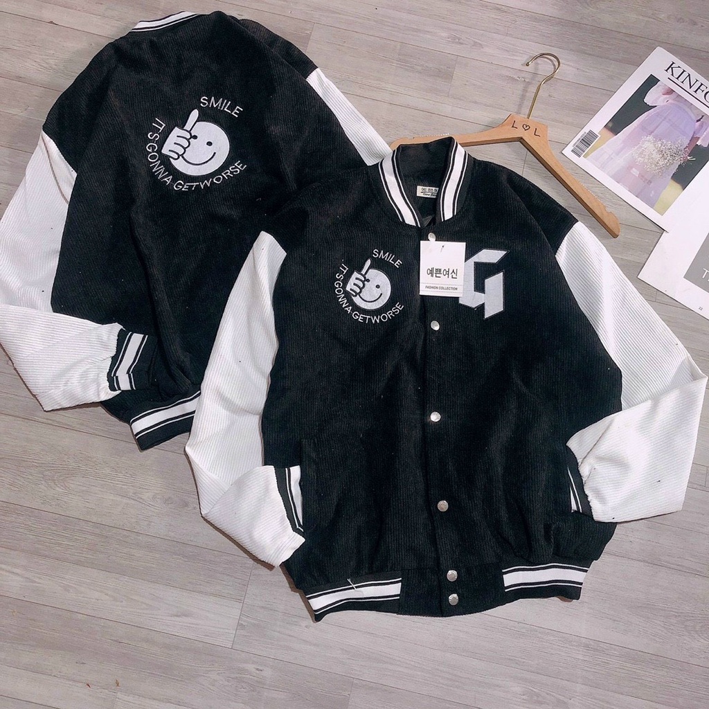 Áo Bomber Nam Nữ Chất Liệu Nhung Thêu Chữ G Họa Tiết Hình Mặt Cười Màu Đen Phối Ống Tay Trắng