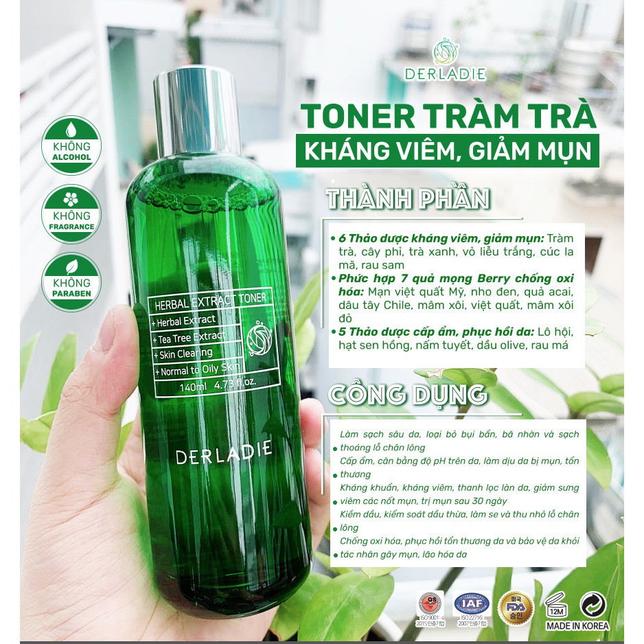 Nước hoa hồng tràm trà dành cho da mụn Derladie Herbal Extract Toner 140 mL