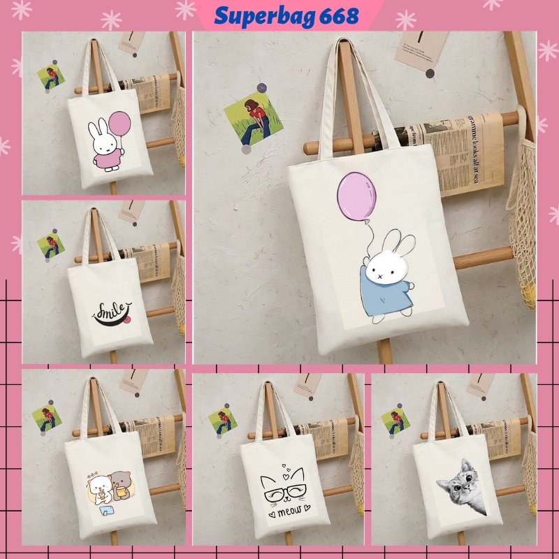 Túi tote túi vải canvas Hàn Quốc hoạ tiết dễ thương đựng vừa A4 laptop đi chơi đi học HQ 215