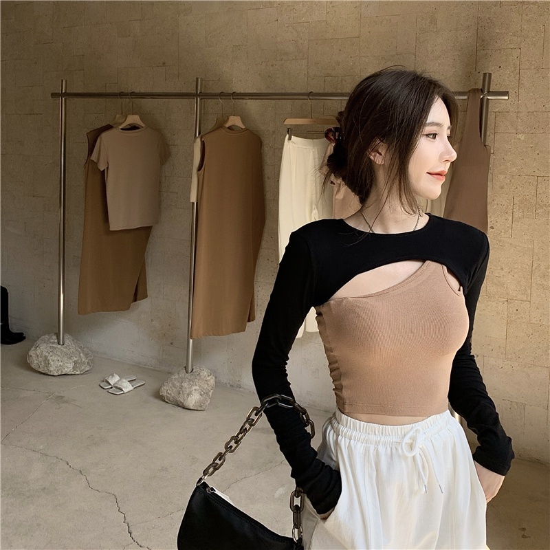 Set áo thun tay dài và áo hai dây ngắn thời trang cao cấp cho nữ