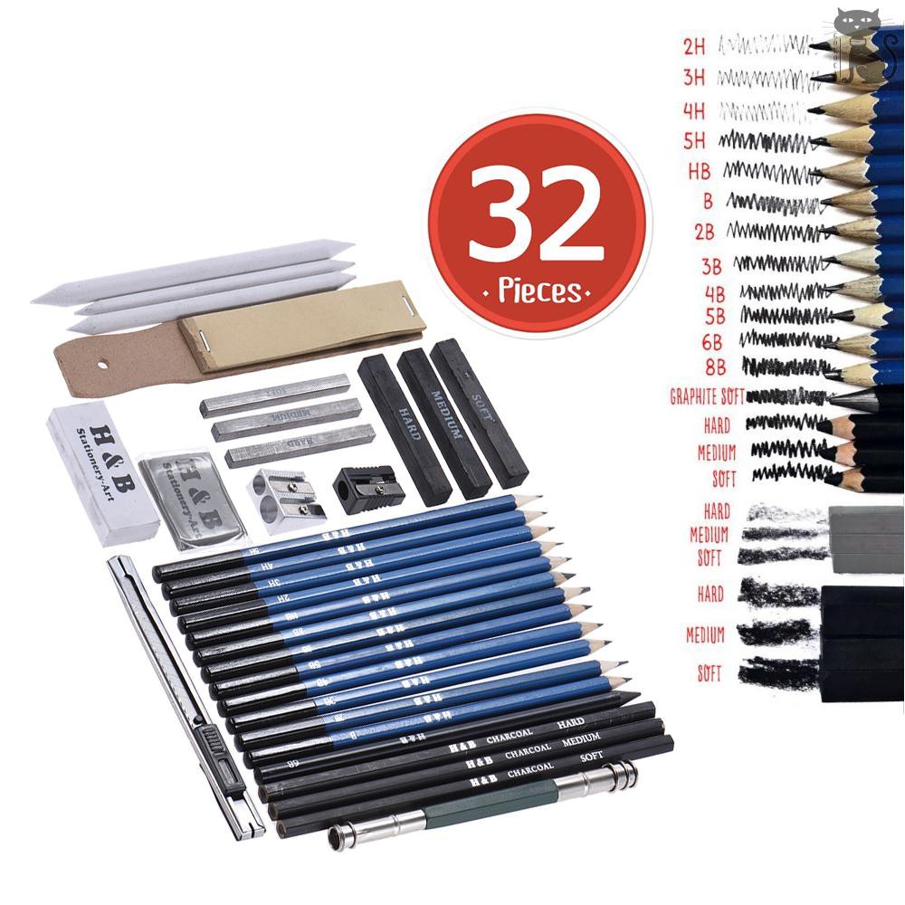 §COD  32pcs/Set Professional Drawing Sketch Pencil Kit Including Sketch Pencils Graphite & Charcoal Pencils Stic