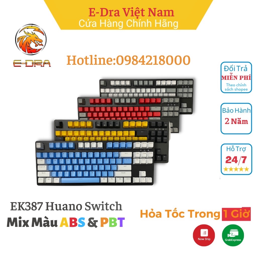 Bàn Phím Cơ EDRA EK387 Led Rainbow EDRA Switch - Dây Cap Typ C Cực Chất - Màu Đen - Phiên Bản Mới nhất 2022 - BH 2 năm