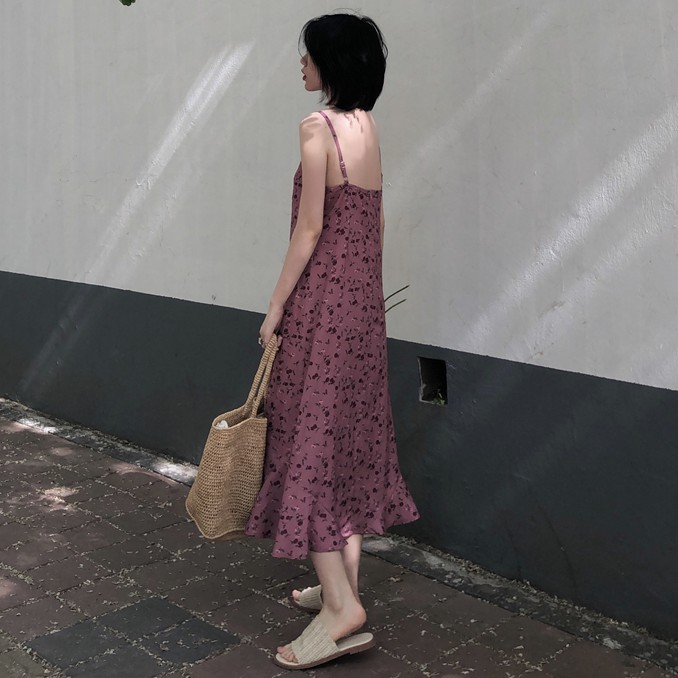 Xiaozhainv Đầm 2 dây hoa bèo ulzzang thời trang Hàn Quốc