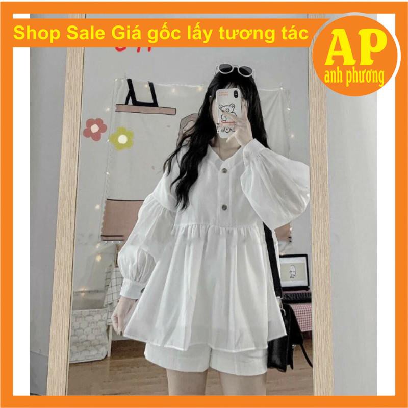 Áo sơ mi babydoll Cúc gỗ có ảnh thật sp