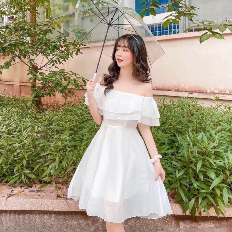 Váy voan trễ vai 2 lớp dáng xoè VH49, Đầm nữ tiểu thư đự tiệc hở vai sang chảnh dễ thương kiểu dáng hàn quốc