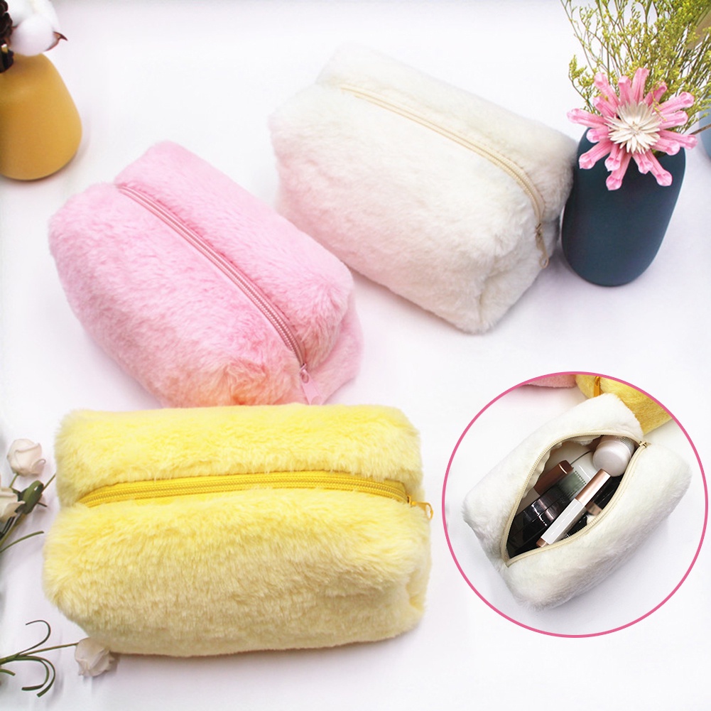 Túi Đựng Bút / Mỹ Phẩm Phủ Lông Màu Macaron Dễ Thương Nhỏ Gọn Tiện Dụng