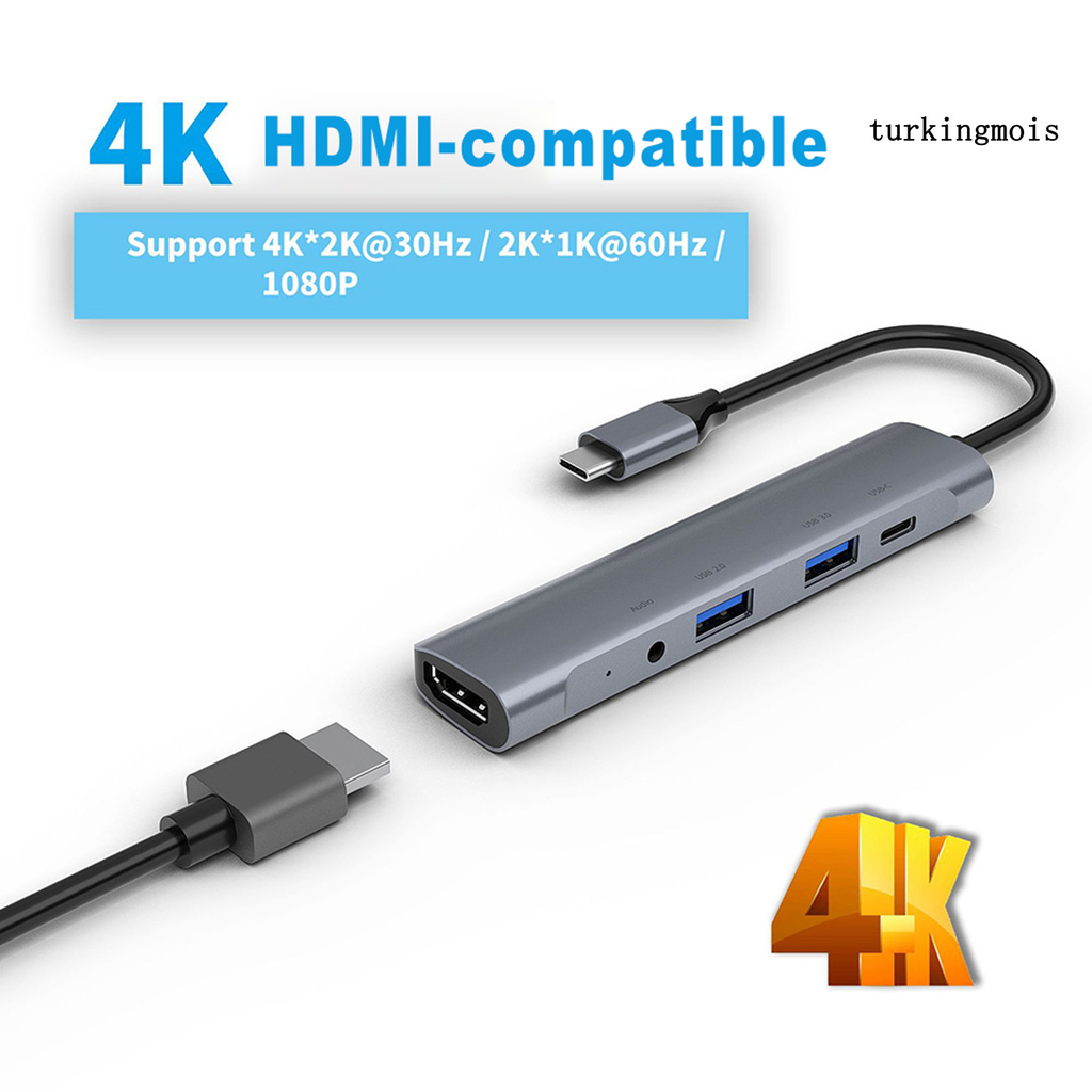 Adapter Type C sang 4K HDMI tương thích với USB 3.0 2.0 PD 3.5mm 5 trong 1 TZA501