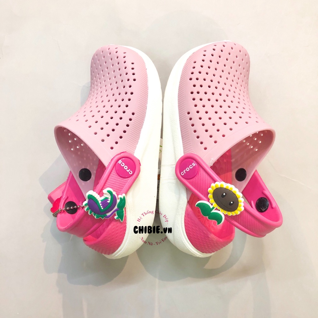 DÉP SỤC TRẺ EM CROCS LITERIDE MÀU HỒNG LÓT HỒNG ĐẬM QUAI GẮN NÚT