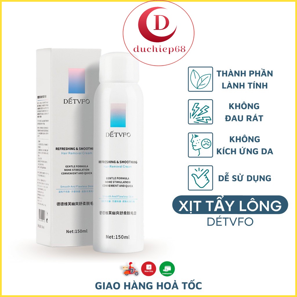 Xịt tẩy lông DETVFO Không Đau Lành Tính Dịu Nhẹ - Kem tẩy lông nách, tay, chân, lưng dạng xịt 150ml