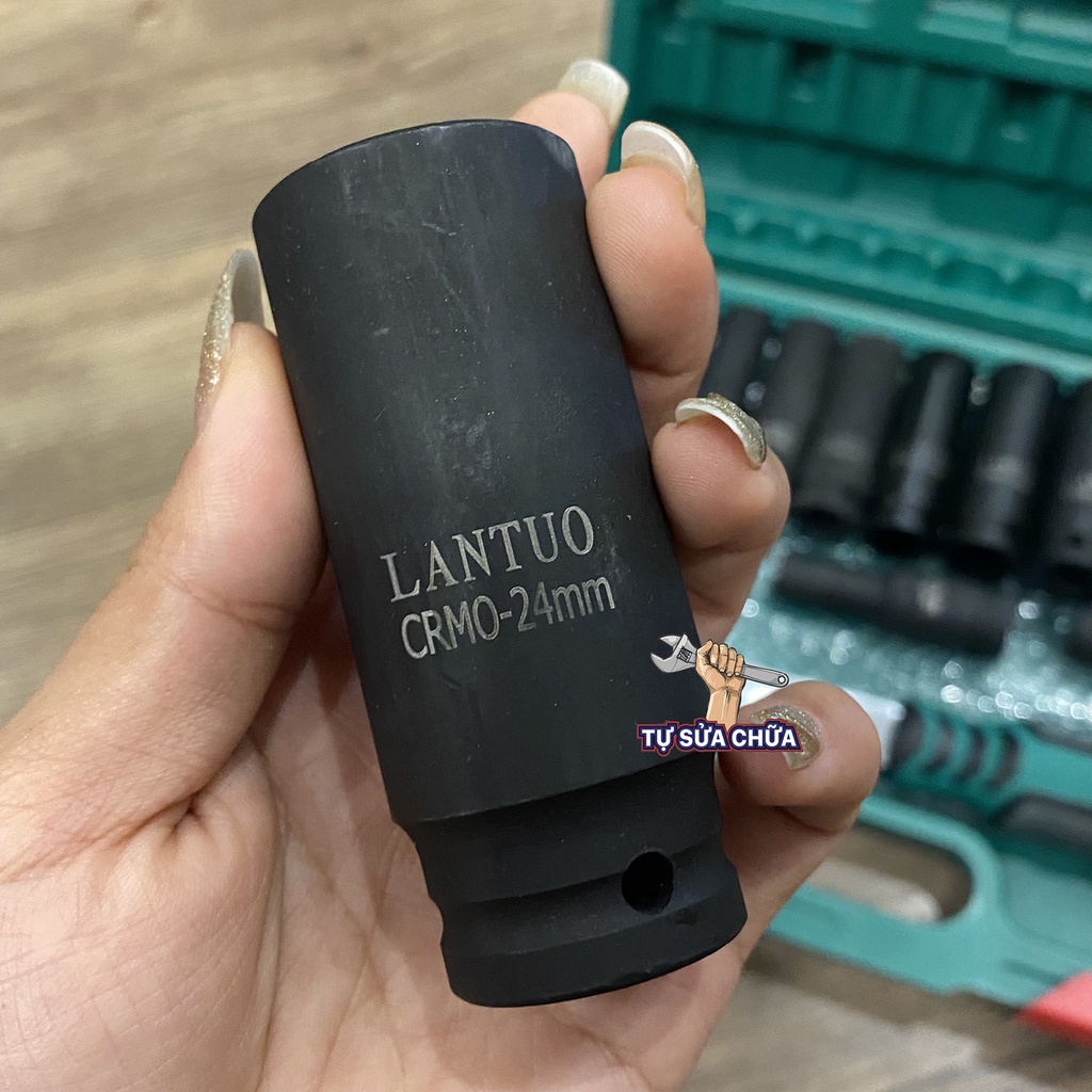 Bộ khẩu 1/2 inch thép CR-Mo 8-24mm đen dài 14 chi tiết chính hãng LANTUO kèm cần siết tự động 2 chiều