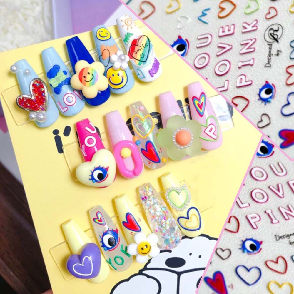 [Hàng mới về] Sticker dán móng tay hình trái tim / mặt cười 5D dễ thương