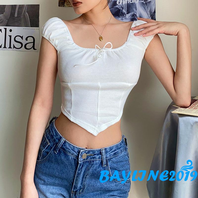 Áo Croptop Trễ Vai Tay Ngắn Dáng Ôm Màu Sắc Thời Trang Mùa Hè Cho Nữ