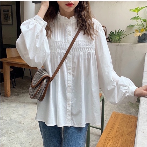 áo babydoll trắng tiểu thư ly dọc tay bồng hàng QC A 285 freeship50k