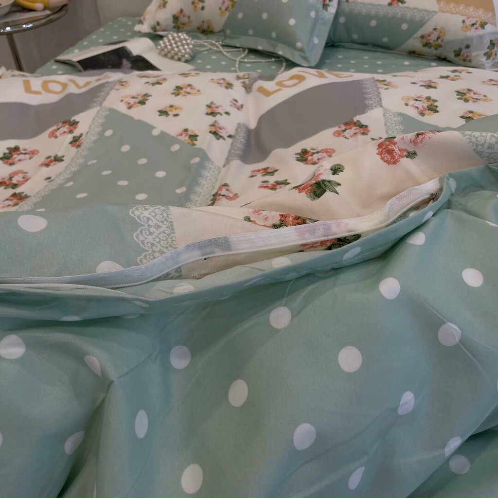 Bộ chăn ga gối Poly Cotton Hoa love xanh (Tặng vỏ gối ôm) - Miễn phí bo chun mọi kích thước