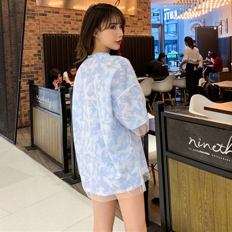 Áo thun tay lỡ cổ tròn phối lưới phong cách mùa hè cho nữ