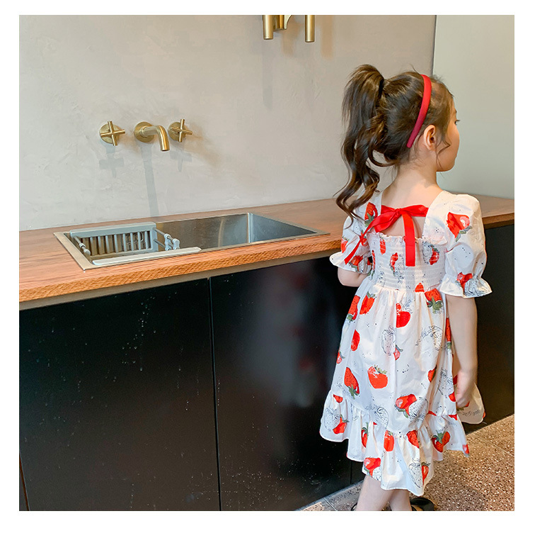 Korean Style Baby Girls Strawberry Prints Dress Children Kids Ruffles Long Dresses