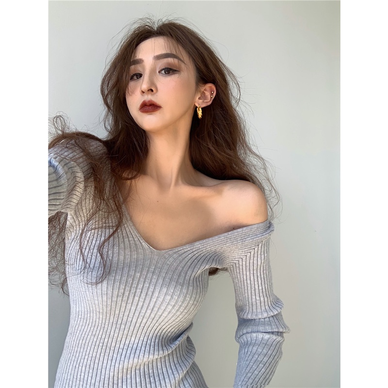 DUNEA Đầm Dệt Kim Tay Dài Cổ Chữ V Thời Trang Trẻ Trung Cho Nữ