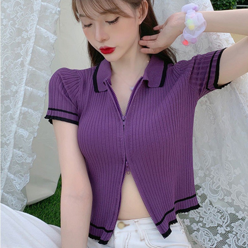 Áo Len Ngắn Tay Cổ Chữ V Thời Trang Hàn Quốc Cho Nữ