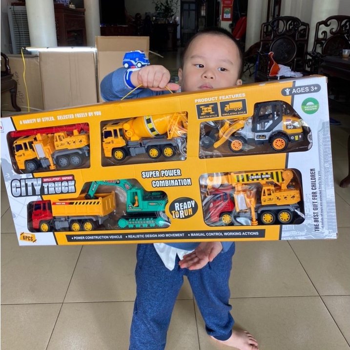 Bộ 6 xe đồ chơi công trình xây dựng ô tô xe tải , máy xúc , máy cẩu , xe trộn xây dựng cỡ lớn cho trẻ em