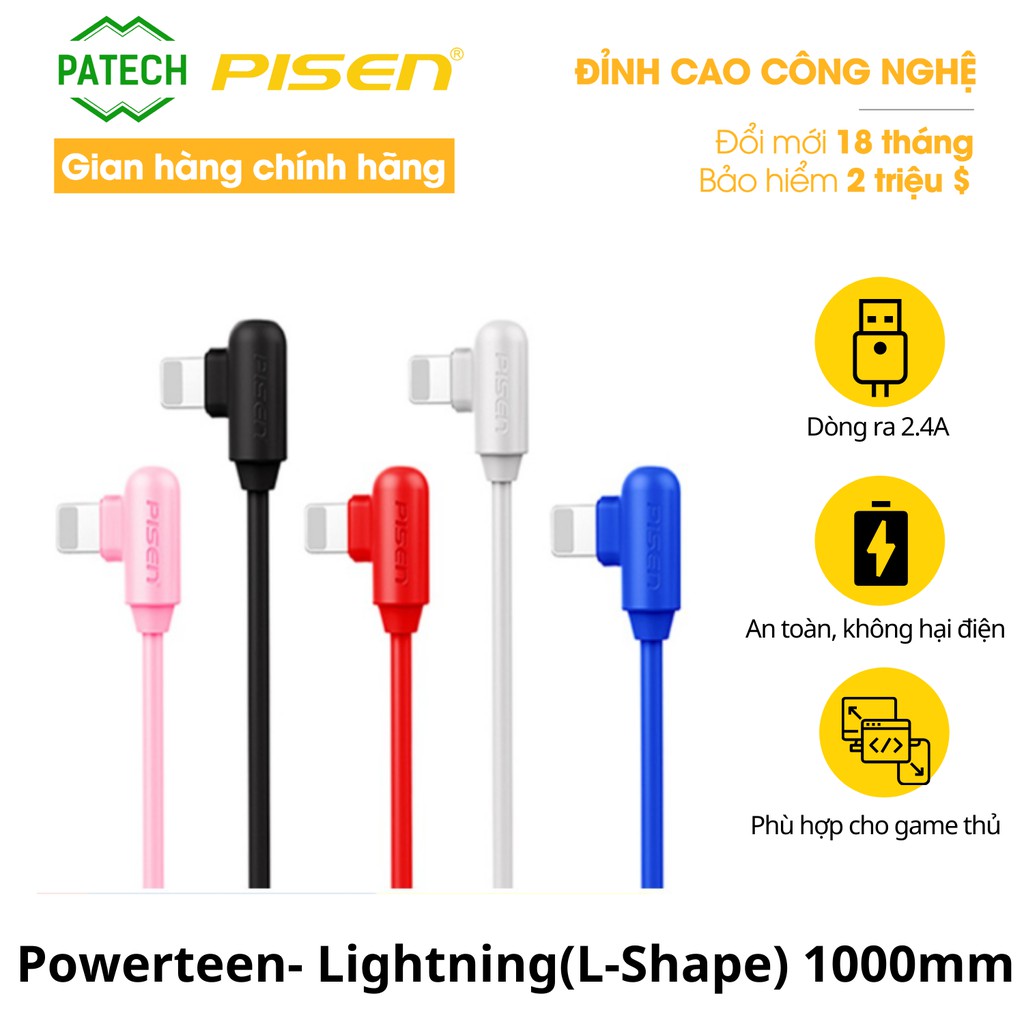 Cáp Pisen Powerteen- Lightning(L-Shape) 1000mm màu ngẫu nhiên - Hàng chính hãng